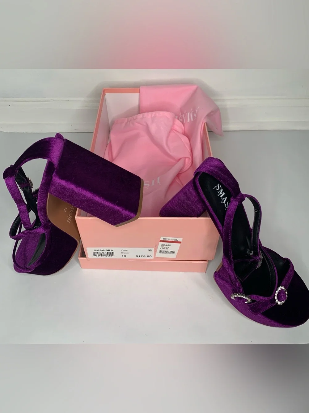 SMASH Violet Velvet Platform Heeled Sandals with Rhinestone Accent
